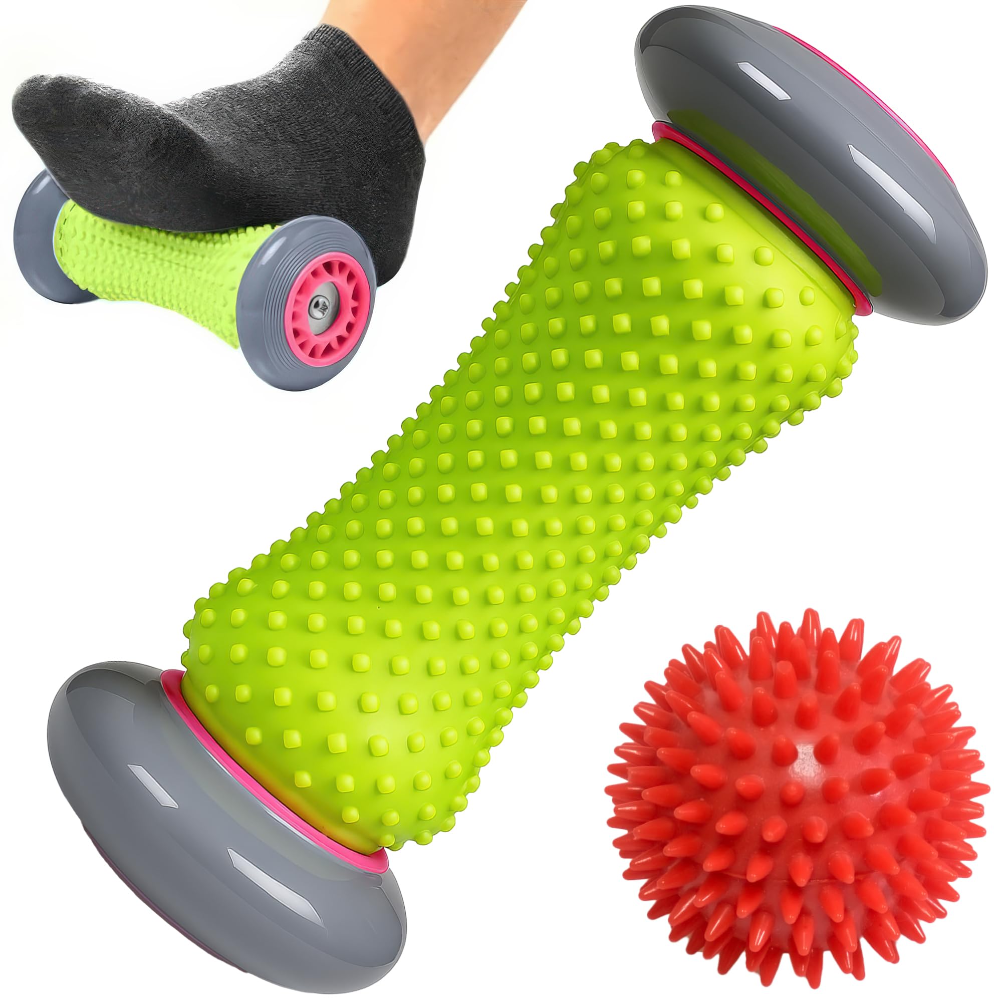 ROMIX Foot Massage Roller and Spiky Massage Ball Set, Deep Tissue Massager for Plantar Fasciitis Relief, Tight Muscles, Flat Feet, Hands, Arms and Legs Recovery, Stress Relief Roller Stick Tool