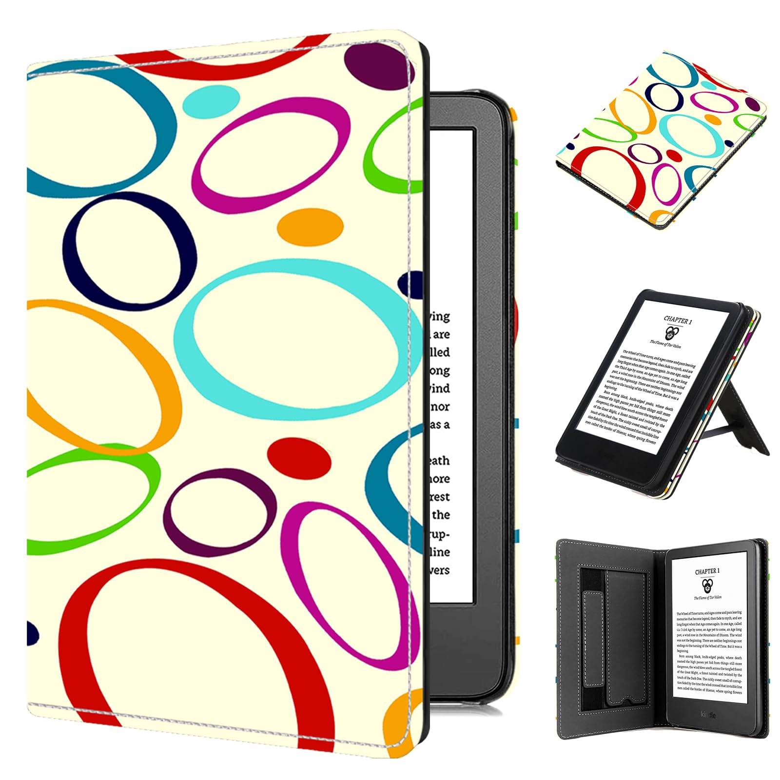 Case for 6" 2024/2022 Device, TOKILO Lightweight Premium PU Leather Sleeve Case for 6" (11th Generation, 2024/2022 Release) with Auto Sleep Wake/Hand Strap/Foldable Stand, Colorful Circle