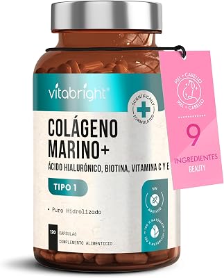 Colágeno Hidrolizado Alta Dosis 2450 mg | Colageno Marino con Acido Hialuronico Capsulas | Colageno Hidrolizado con Vitamina C, E, B2 y Zinco | Colágeno para Articulaciones Piel Cabello | VitaBright
