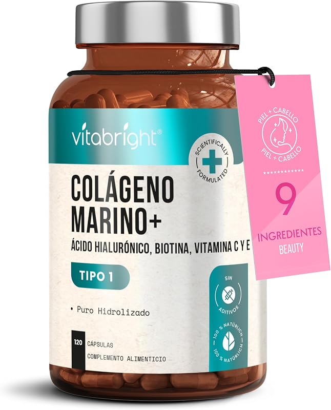 Colágeno Hidrolizado Alta Dosis 2450 mg | Colageno Marino con Acido Hialuronico Capsulas | Colageno Hidrolizado con Vitamina C, E, B2 y Zinco | Colágeno para Articulaciones Piel Cabello | VitaBright