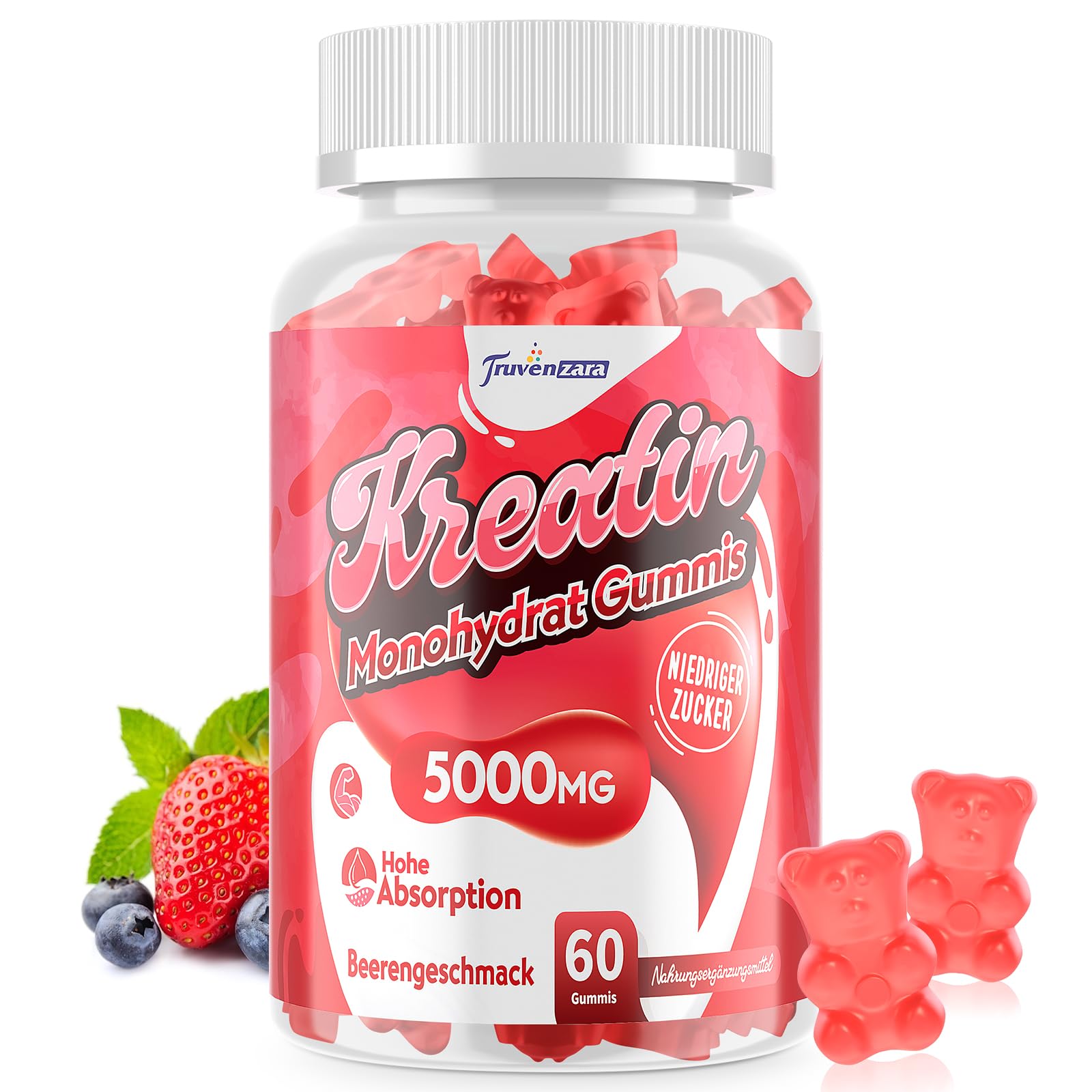 Truvenzara Kreatin-Gummies Komplex 5000mg pro Portion, 5-in-1-Formel mit Taurin & Vitamin B6, Kaubares Creatin-Monohydrat für Männer und Frauen, Beerengeschmack, Vegan (60 Stück (1er Pack))