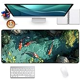 PBLJMJ Japanese Koi Carp Fish Desk Pad Mouse Pad,Large Gaming Mouse Mat with Stitched Edges,Non-Slip Rubber Base Mous Mat for Office,Computer,Keyboard,Laptop and Home Desk Pad(27.5X11.8 in)