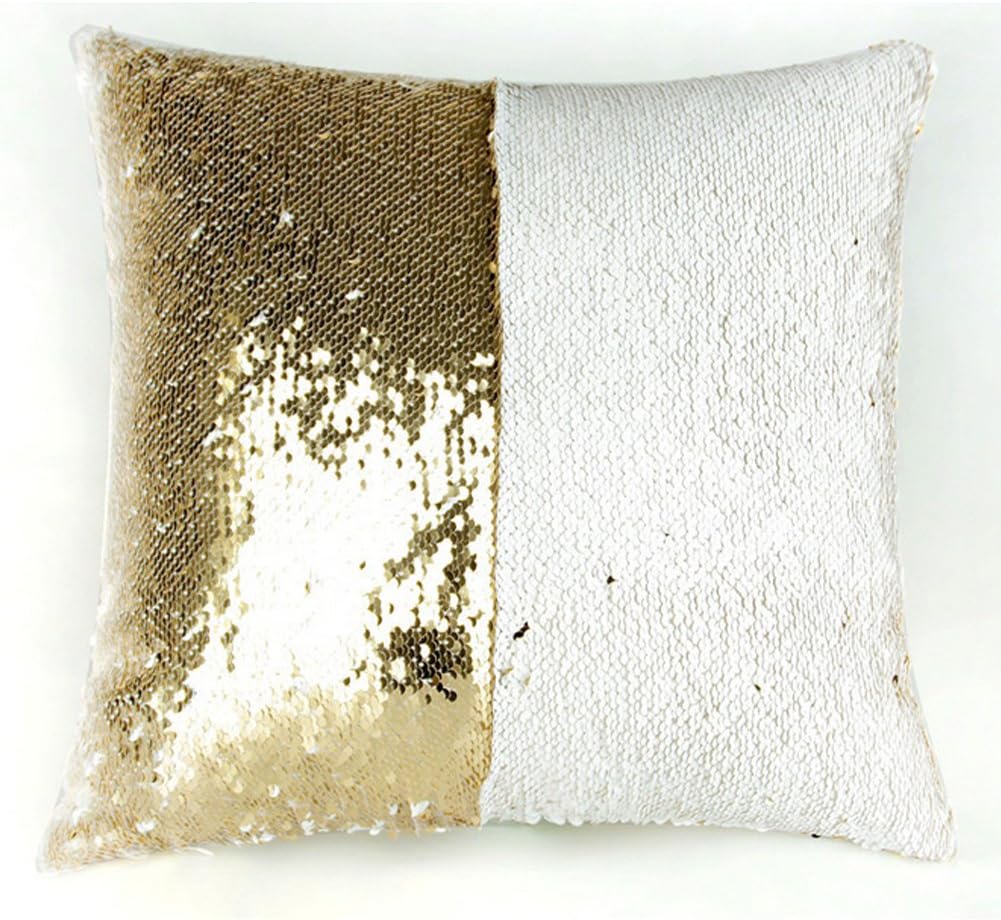 Lordazz Sequin Mermaid Pillow Case, Play Tailor Magic Reversible Sequin Pillow Cover Throw Cushion Case 40x40CM(16' x 16') (White/Gold)