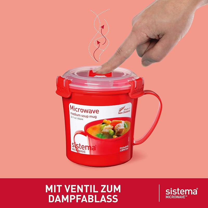 Microwave Suppentasse, mittelgroß | mikrowellenfeste Frischhaltedose | 656 ml | BPA-frei | rot | 3 Stück