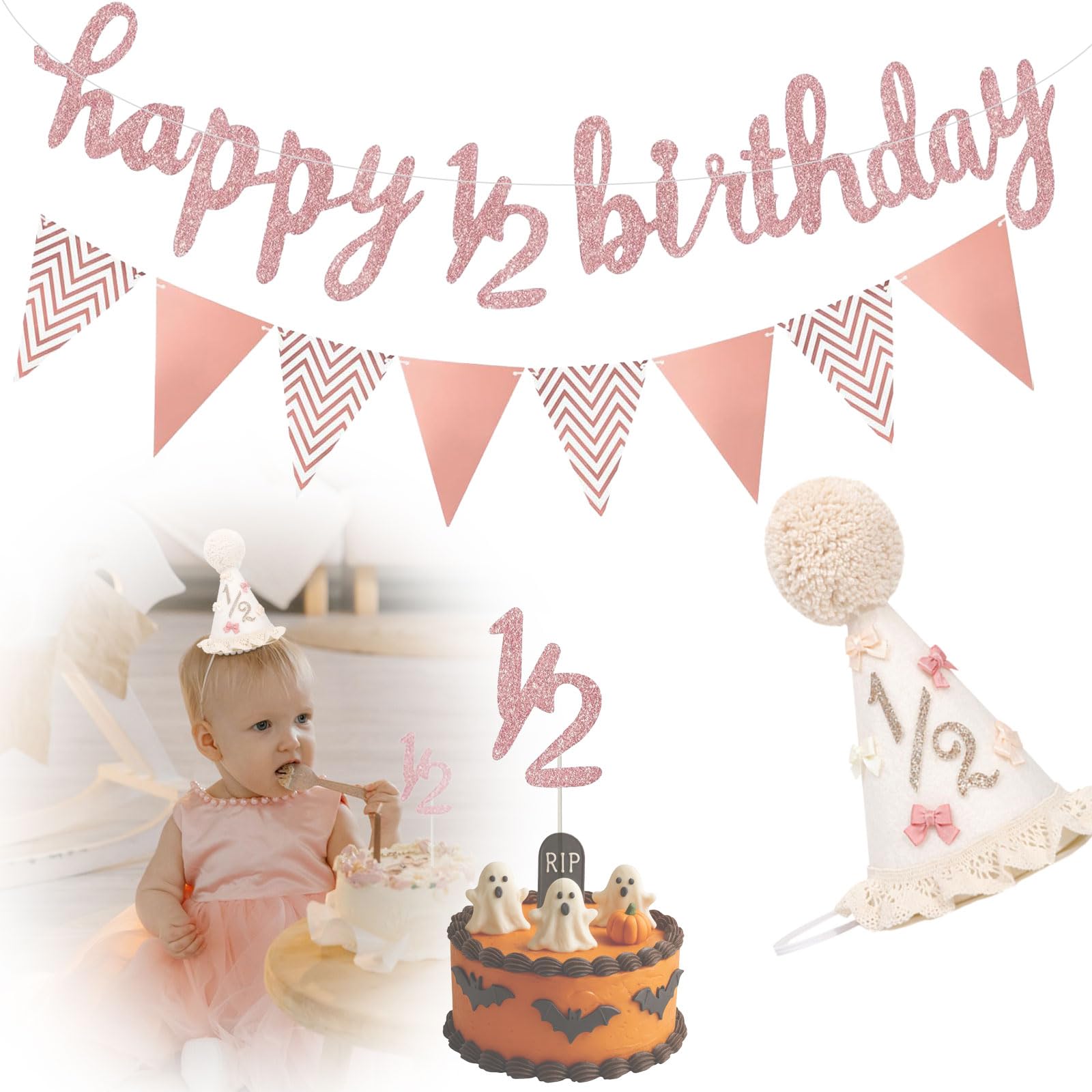 Zosutetoxo 6 Month Birthday Decoration Set for Girls in Pink, Half Birthday Party Set with Party Hat, 1/2 Happy Birthday Banner and Cake Decorations Bunting for Baby Photoshoot