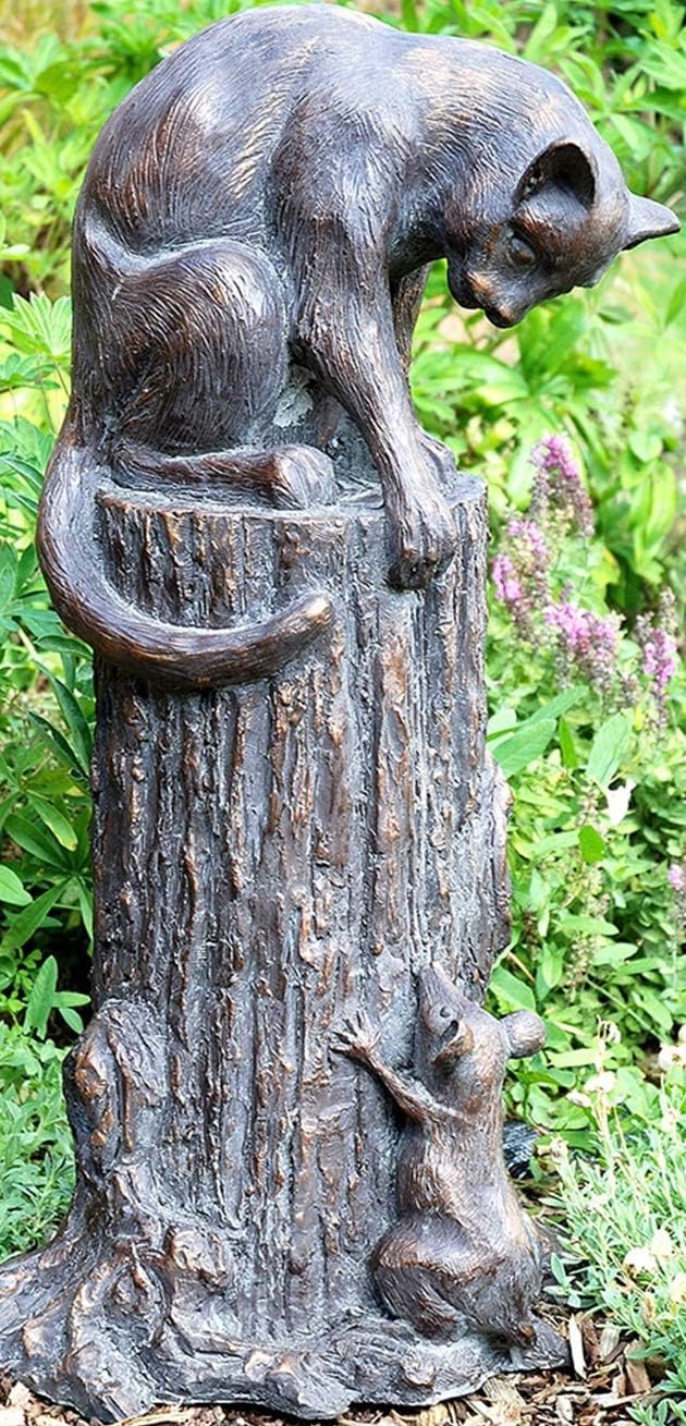 F&G Supplies Cat and Mouse stunning large 64cm (2ft) tall with an antique bronze hand finish garden sculpture ornament made from a polystone resin for a long life