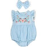 Baby Essentials Baby Girl Romper with Headband, 100% Cotton Infant Outfit for 3 to 9 Months, Spring Summer Baby Clothes