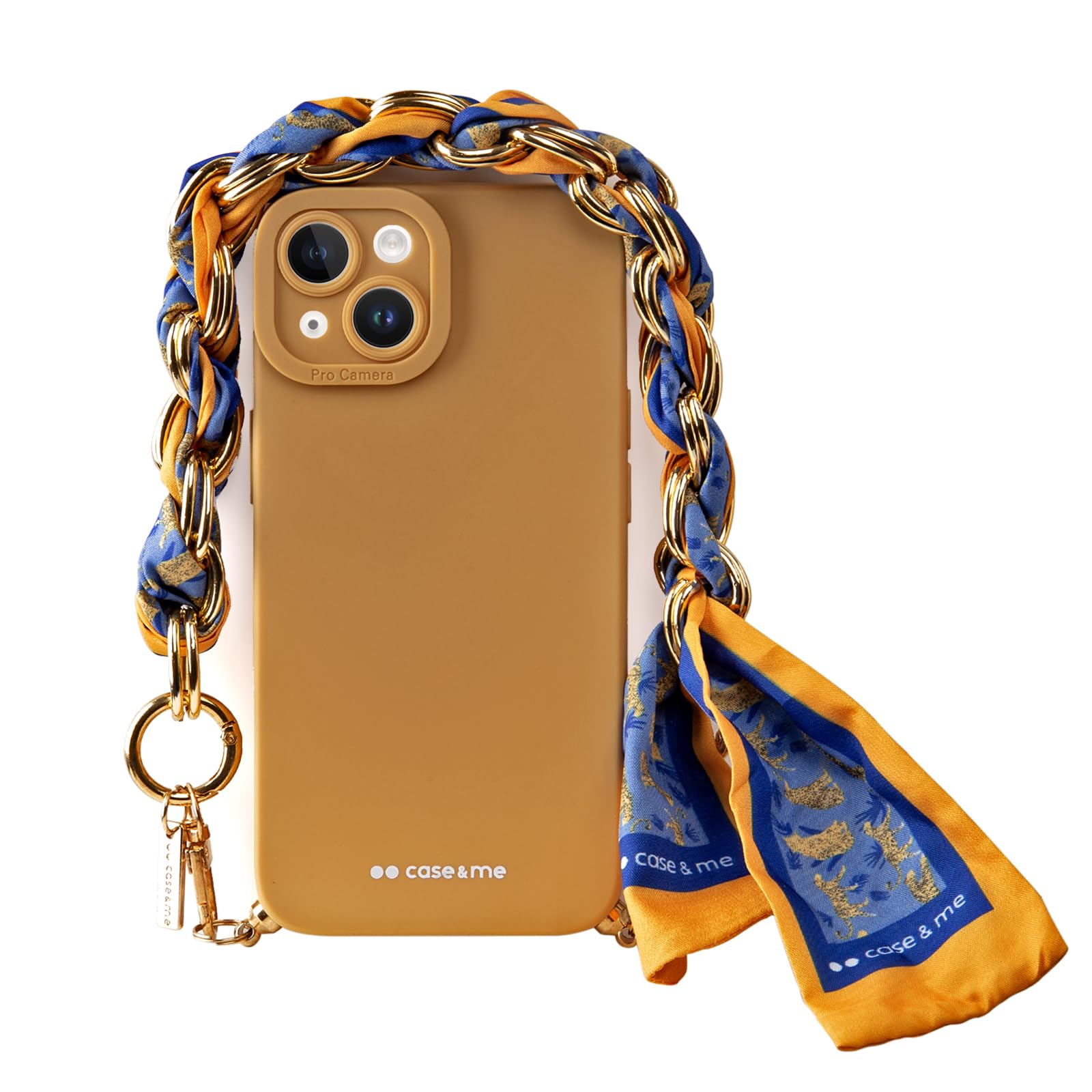 case&me cover con foulard per iPhone 14, morbida, protezione per fotocamera, cover con laccio da polso, cover fashion, giallo