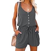 Women's Summer Scoop Neck Sleeveless Button Down Jumpsuit Rompers Adjustable Waist Short with Pockets