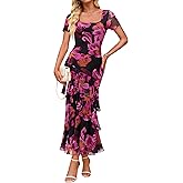 ZESICA Women's Summer Floral Bodycon Maxi Dress 2026 Square Neck Mesh Ruffle Elegant Cocktail Wedding Party Long Dresses