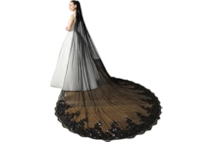 EllieHouse Womens 1 Tier Cathedral Length Black Wedding Bridal Veil With Comb X65, Black & Sequin Lace, 1 T( 300cm/118 inch)