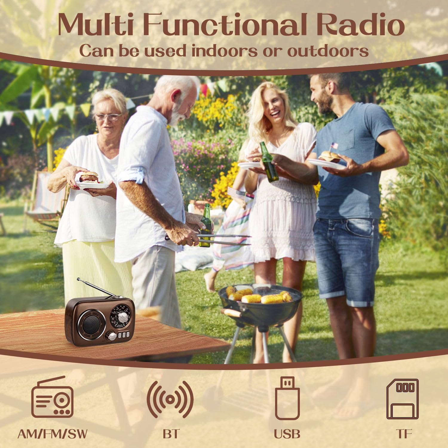 Portable Radio AM FM, Bluetooth Speaker Retro Radio, Support USB/TF ...