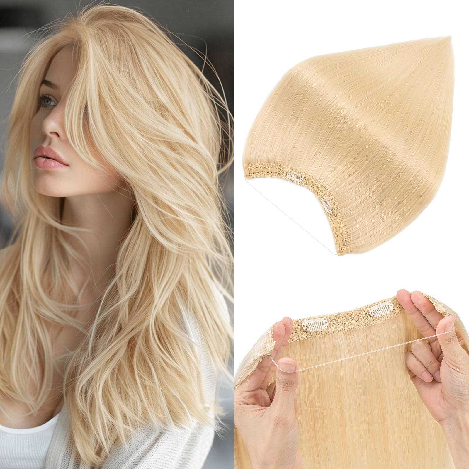 Photo 1 of Halo Hair Extensions Real Human Hair,S-noilite Halo Hair Extensions,Halo Hair Extension for Women100% Human Hair 55g/12inch 60 Platinum Blonde