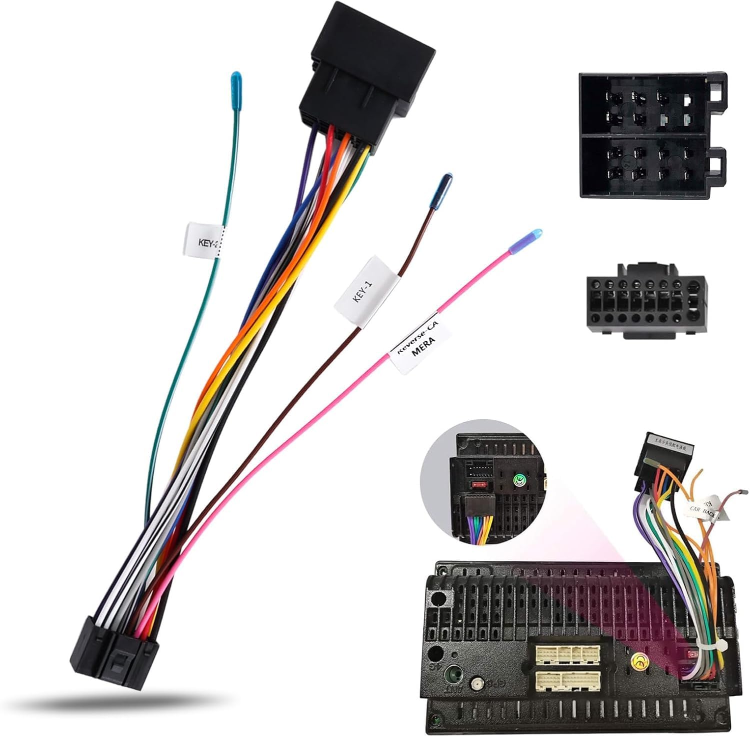 Photo 1 of Inefala 16 Pin ISO Radio Wiring Harness Adapter for Android Car Stereo Radio, Power Cable Power Plug Adapter with Key 1 Key 2 Reverse Control Line for Android Car Radio Head Unit