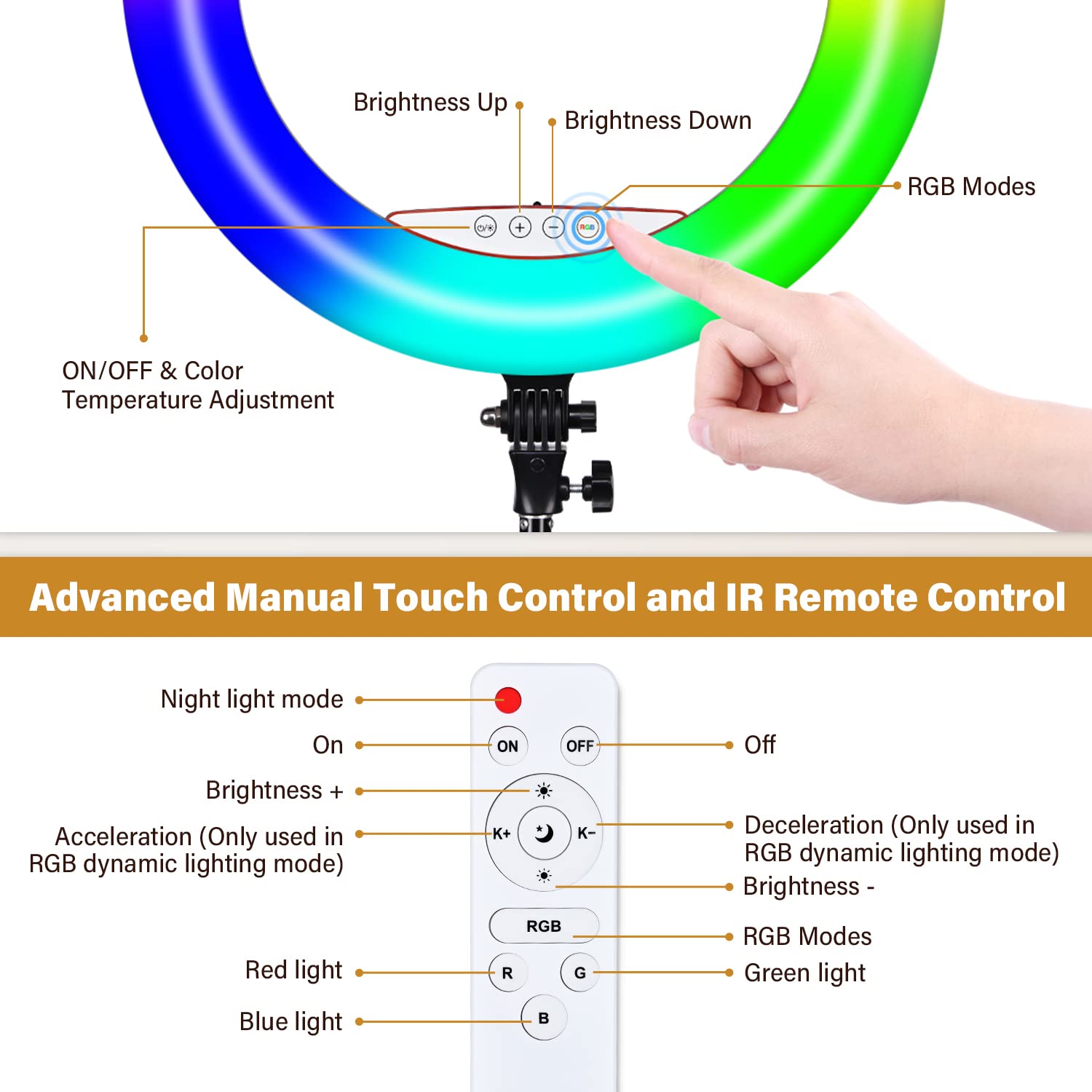 Yesker Ring Light with Tripod Stand and Phone Holder 18 Inch RGB Ringlight 25 RGB Modes Bi-Color Adjustable 2700–7000K LED Selfie Halo Light Kit for Live Stream Photography Zoom Makeup Youtobe Tiktok