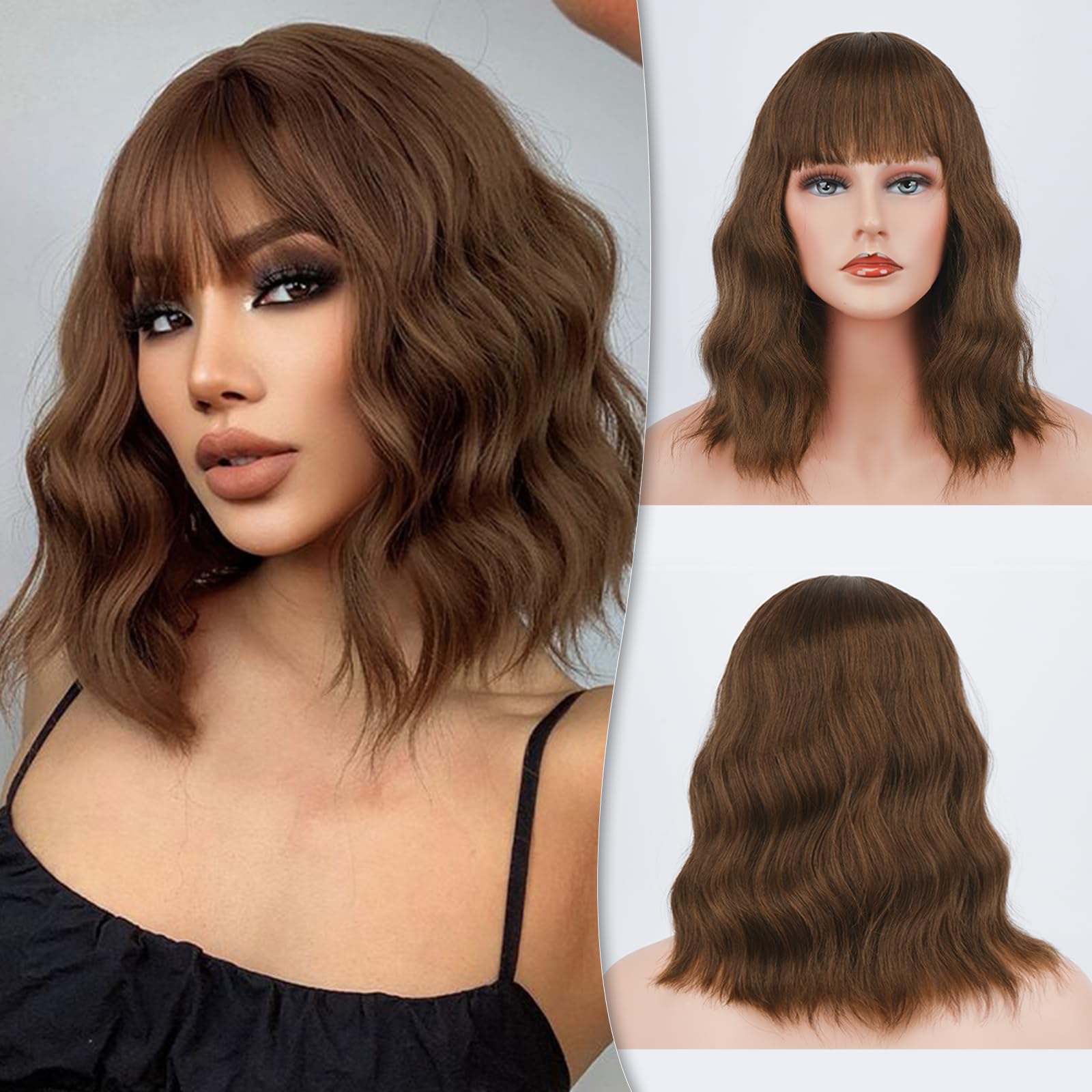 Photo 1 of BARSDAR Short Wavy Brown Wig with Bangs - 14 Inch Short Wavy Bob Wig with Bangs for Women - Voluminous Natural Looking Synthetic Light Chocolate Brown Wig Party Cosplay Halloween
