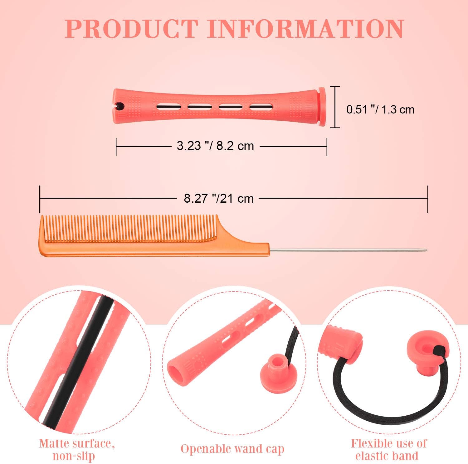 48 Piece Hair Perm Rods Plastic Perming Rods Curlers Hair Rollers with Steel Pintail Comb Rat Tail Comb for Hairdressing Styling Tools (Pink - Image 3