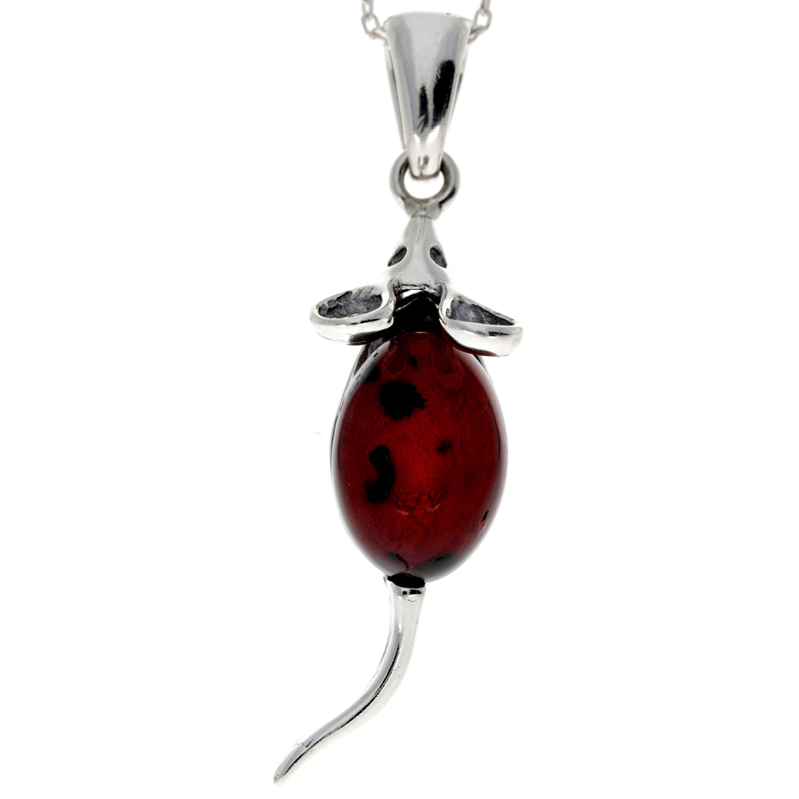 Genuine Cherry Baltic Amber & Sterling Silver Mouse Pendant without Chain - 568CH