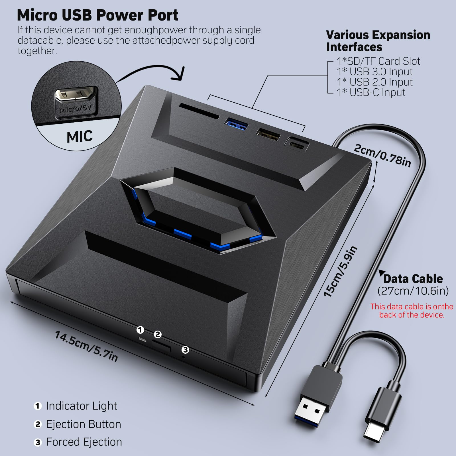 External Blu Ray Drive,Portable Bluray Player Writer Reader,CD Burner with USB 3.0 typc C Port& SD Card,DVD & CD-ROM +/-RW,External Blu-Ray Drives for PC Laptop Desktop Windows Mac Linux Computer