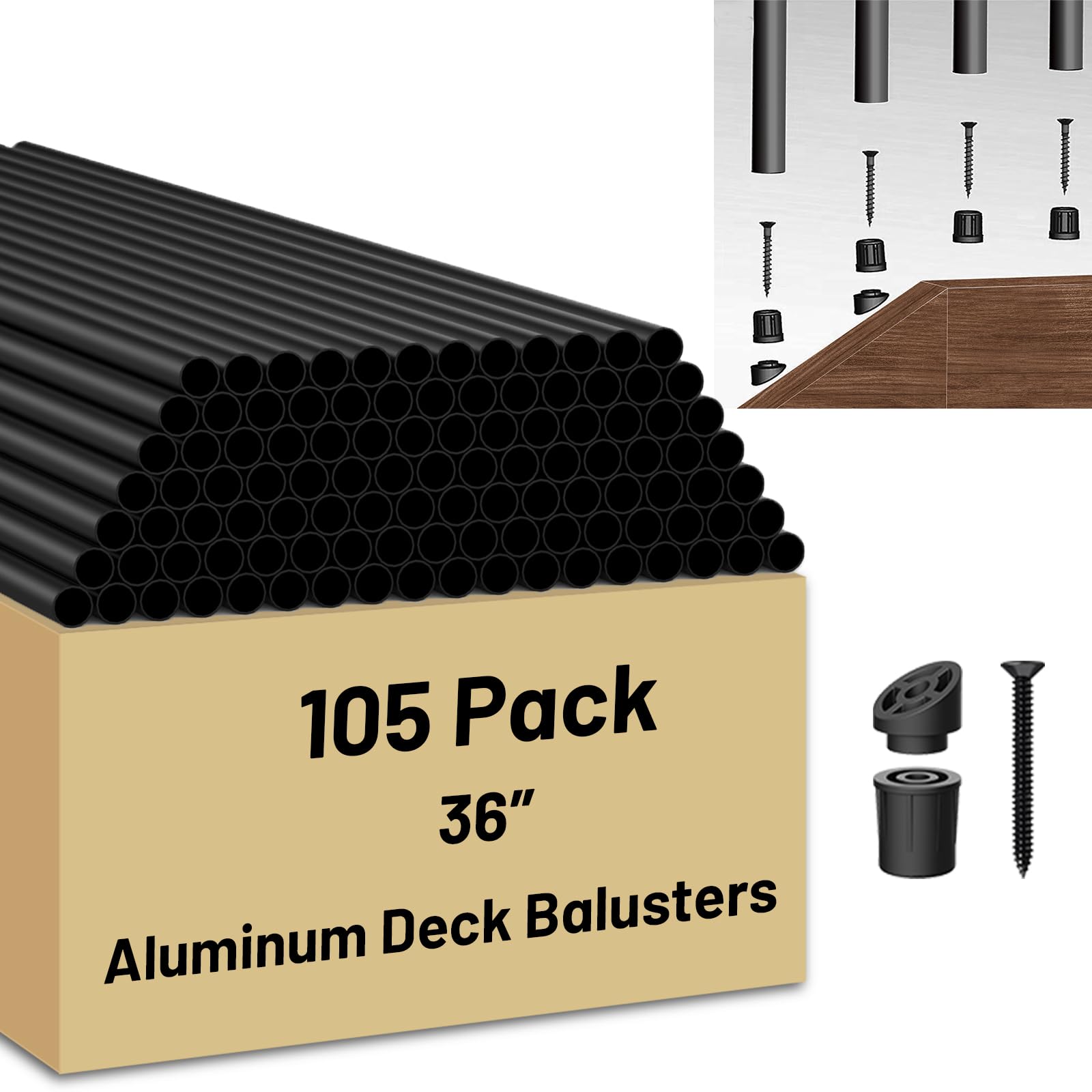 Photo 1 of 105 Pack 36 inch Aluminum Balusters for Deck Railing,Black Round Metal Spindles for Staircase,3/4" Diameter Hollow Deck Ballasters with Screws and Connectors for Railing Fencing Porch Stair Spindles