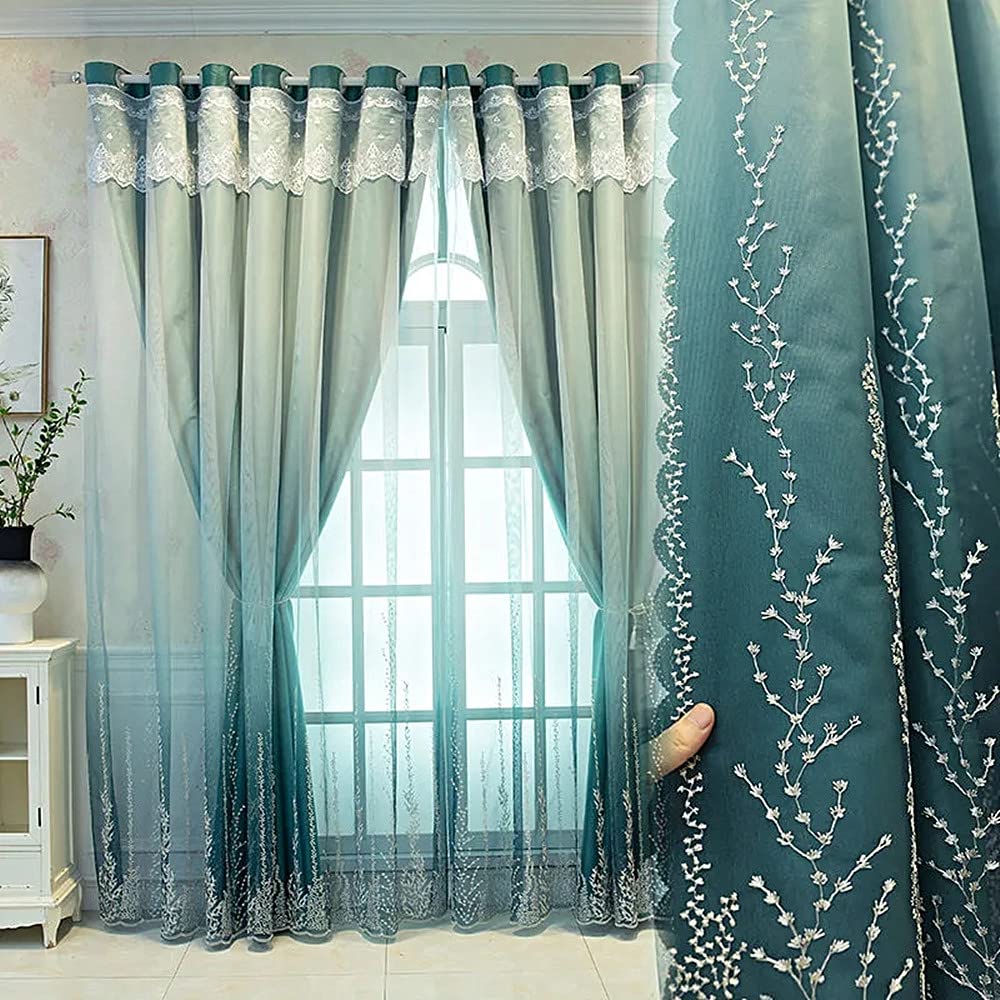 Photo 1 of 1 Pair Double Layer Curtains for Living Room Gradient Coral Tree Pattern Embroidered Curtains for Bedroom (Blue Green,54x102 Inch)