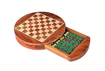 CHESSNCRAFTS 9 Round Wooden Magnetic Travel Chess Set with Drawers and Staunton Pieces.