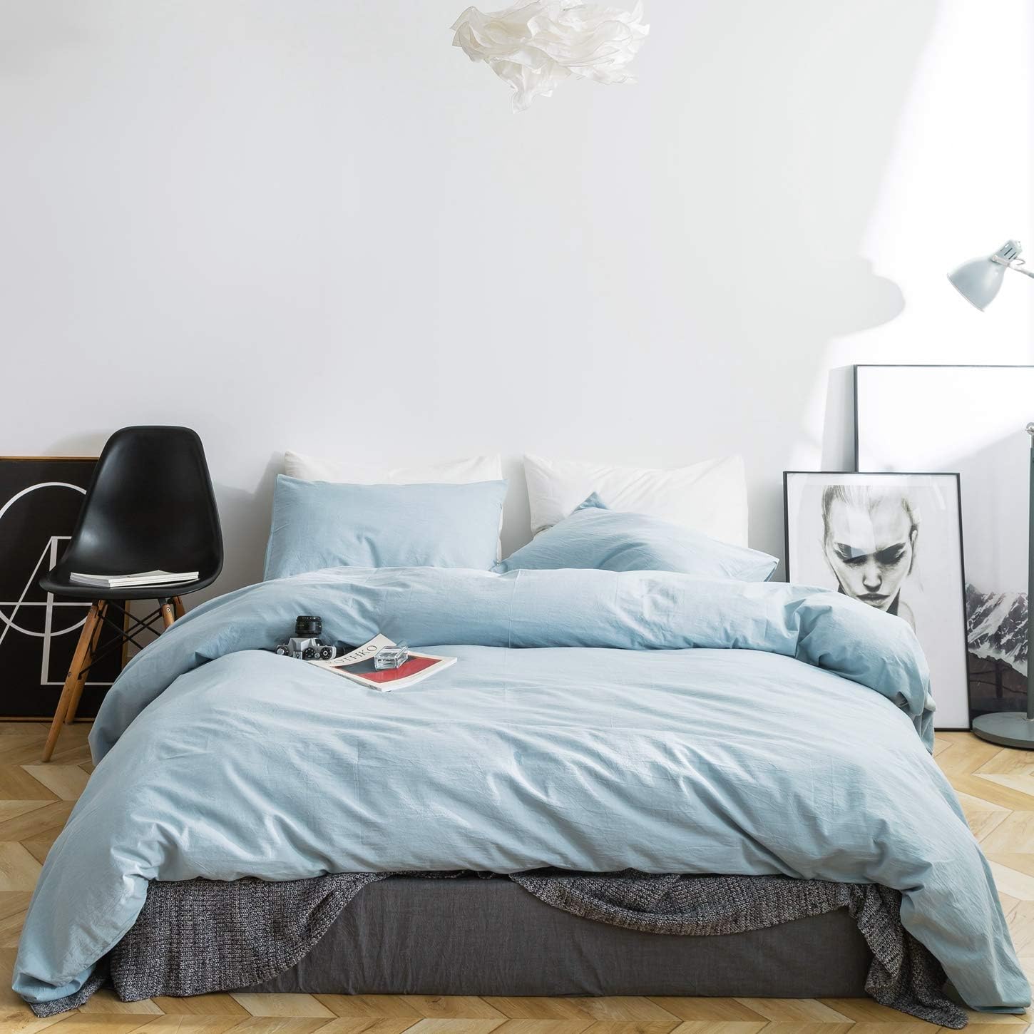 SUSYBAO Baby Blue Duvet Cover Queen 100% Washed Cotton Light Blue Duvet Cover 3 Pieces Set 1 Shabby Chic Pale Blue Duvet Cover with Zipper Ties 2 Pillowcases Vintage Soft Light Blue Bedding Set