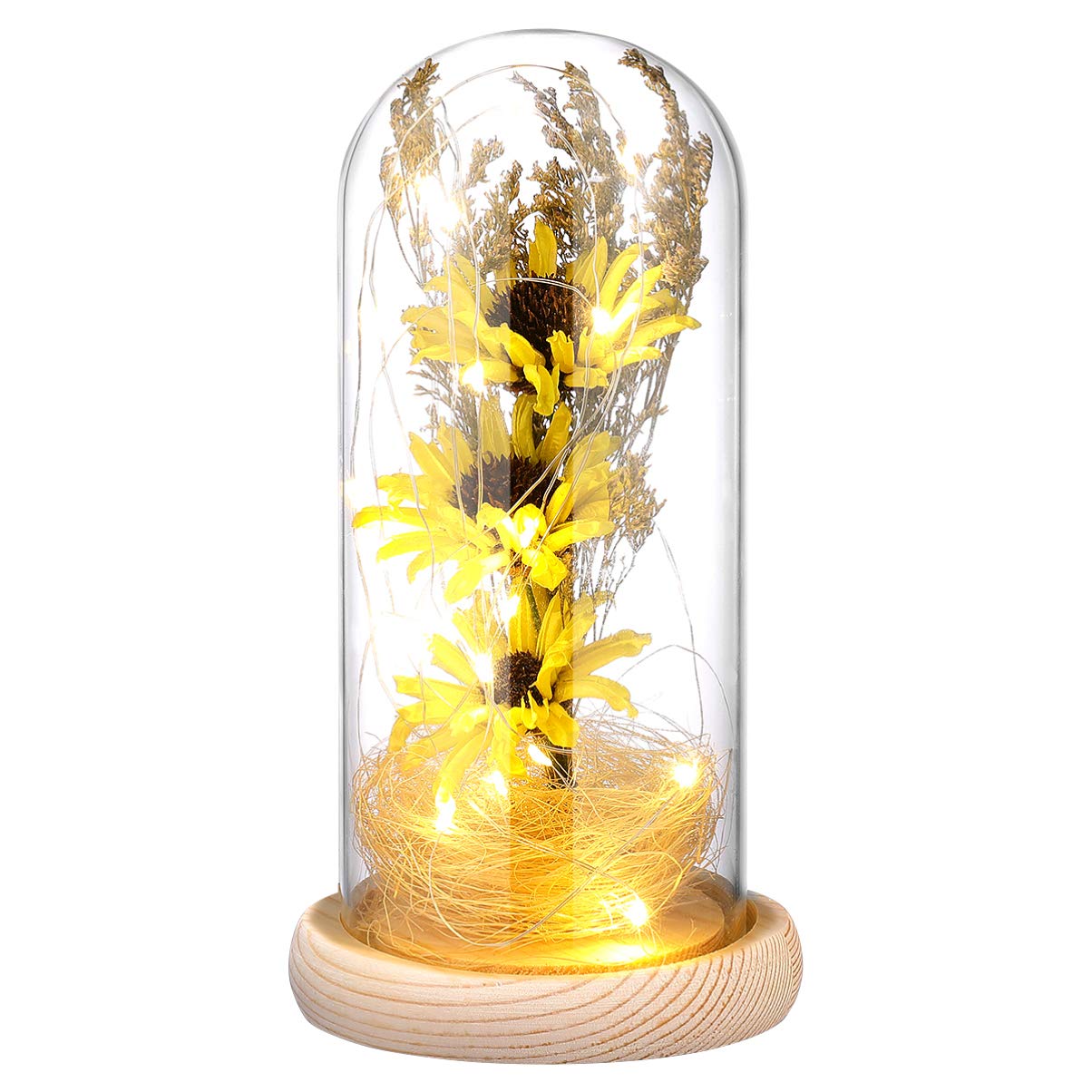, Mini Artificial LED Sunflower Light in Glass Dome Desktop Ornament Night Light for