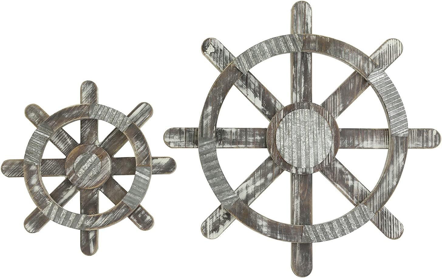 MyGift Wall Mounted Rustic Torched Wood and Galvanized Metal Home Art Nautical Style Hanging Décor Pirate Boat Ship Steering Wheels, Set of 2