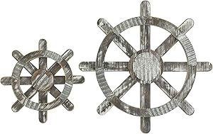 MyGift Wall Mounted Rustic Torched Wood and Galvanized Metal Home Art Nautical Style Hanging Décor Pirate Boat Ship Steering Wheels, Set of 2