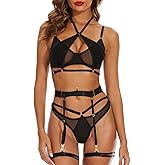 Ojostern Strappy Lingerie for Women Sexy Lingerie Set for Women with Black Lace with Garter Belt Ropa Interior