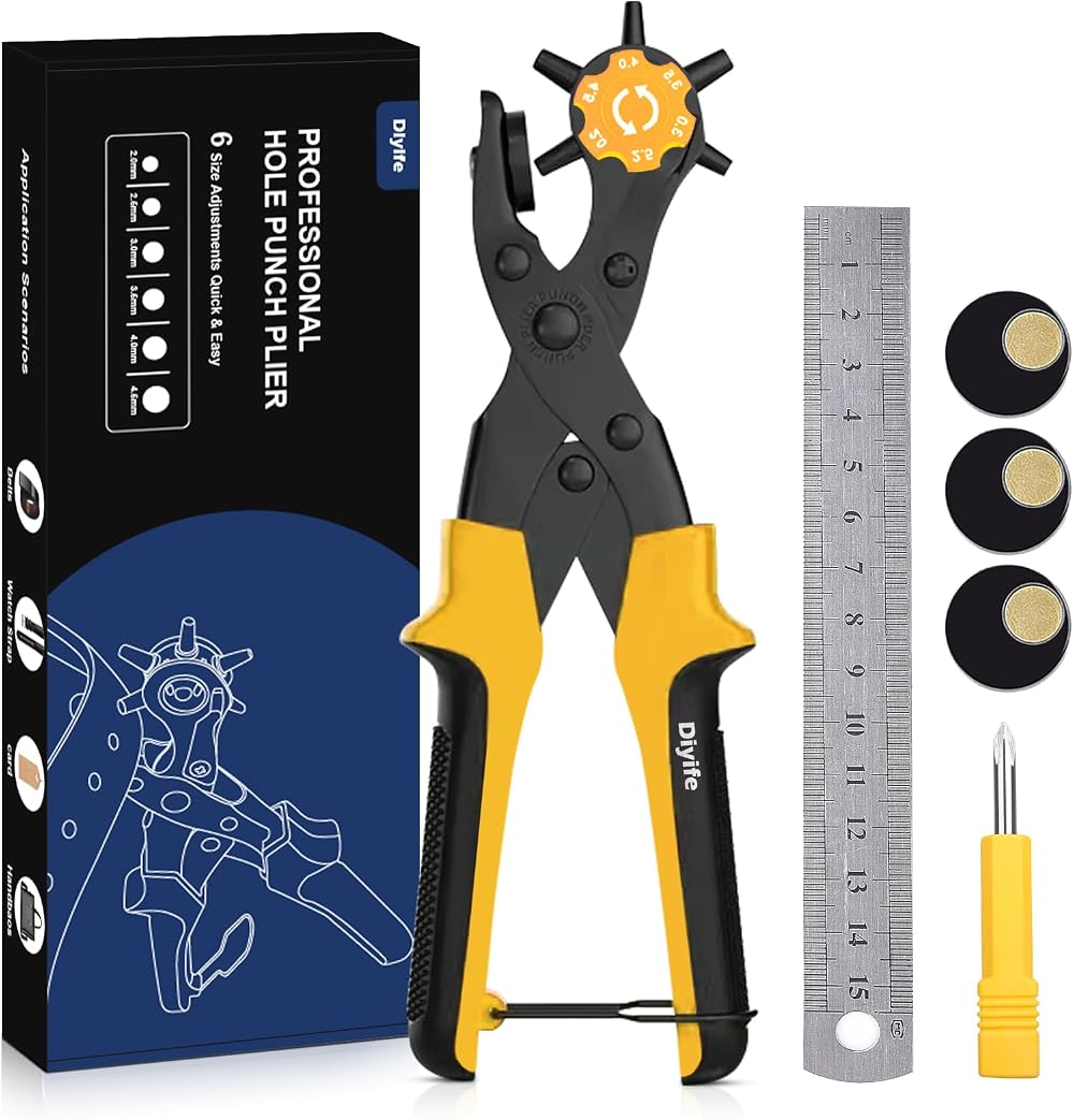Diyife Belt Hole Puncher Full Set Leather Punch Plier 6 Hole Sizes with Ruler