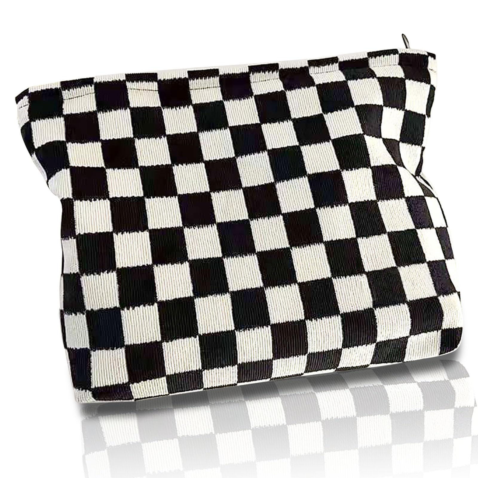 KEYRI Make up Bag Toiletry Bag Portable Travel Makeup Pouch Mini Cosmetic Bag Plaid Corduroy Zipper Pouch Cosmetic Organizer for Women and Girls Small Make up Bag (Black)