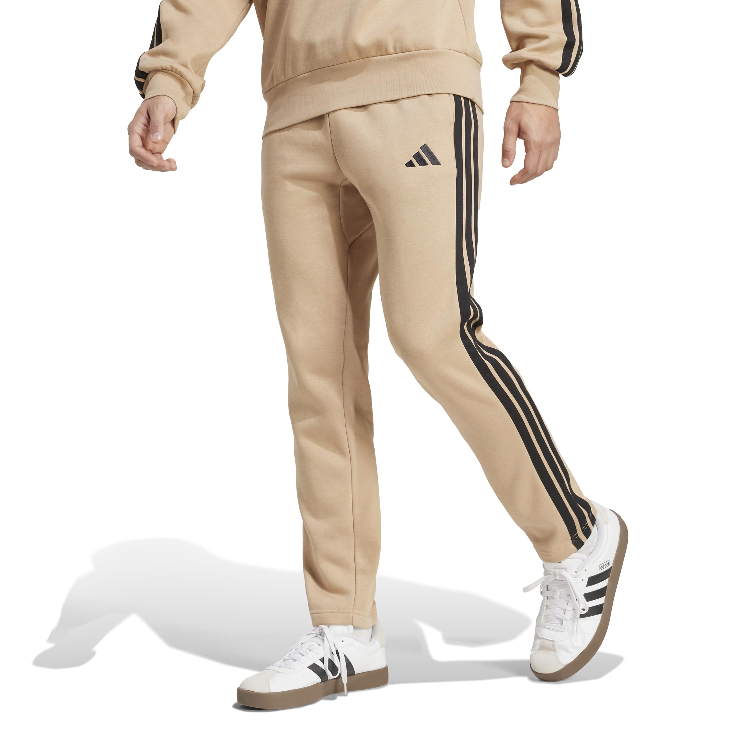 Adidas Men's Essentials 3-Stripes Fleece Open Hem Pants, Warm Sandstone/Black, Medium/Tall Image