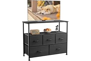DUMOS TV Stand Dresser for Bedroom with 5 Fabric Drawer,Entertainment Center for 45 inch Television, Media Console Table with Storage, Open Shelf, Adjustable Feet, Living Room Furniture, Black