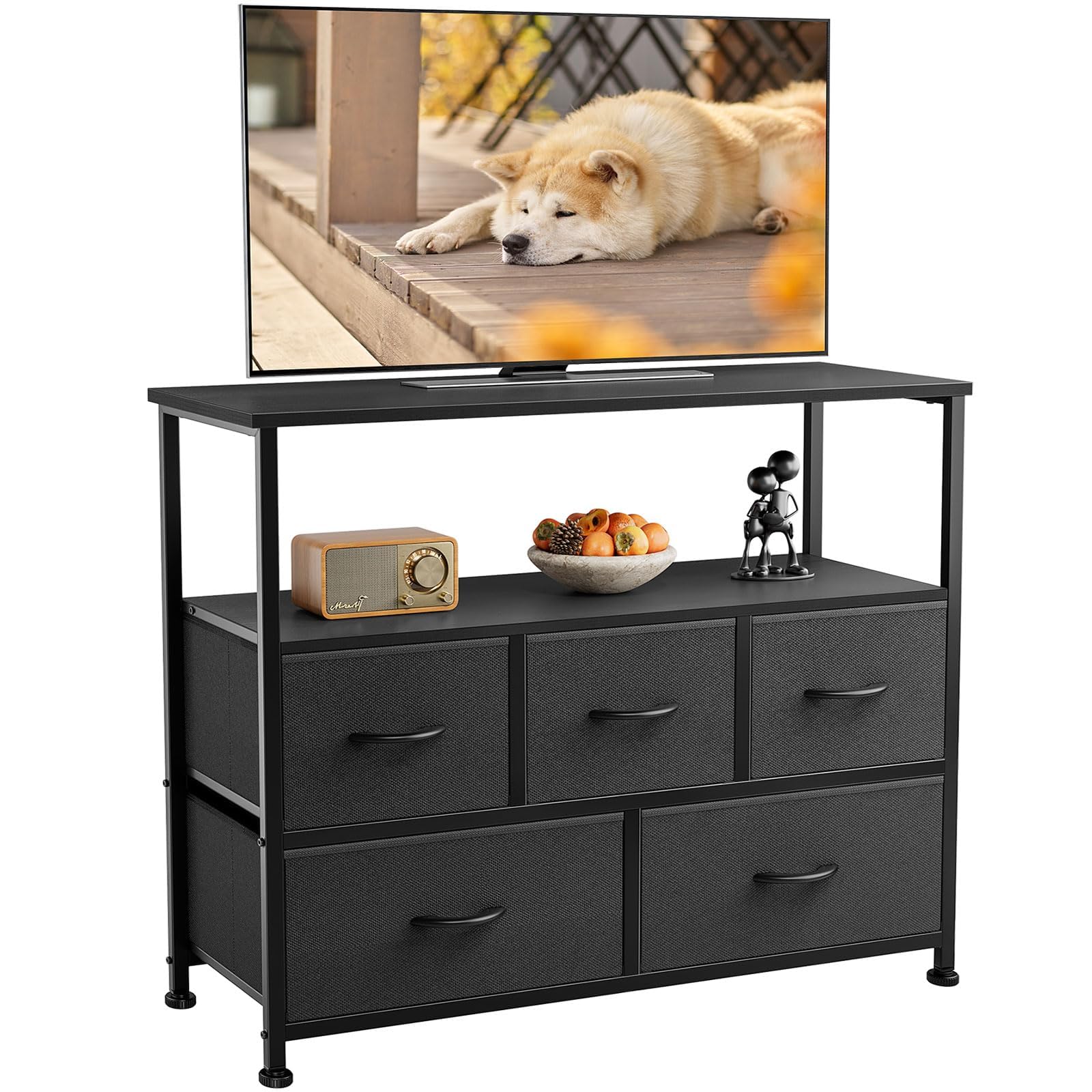 DUMOS TV Stand Dresser for Bedroom with 5 Fabric Drawer,Entertainment Center for 45 inch Television, Media Console Table with Storage, Open Shelf, Adjustable Feet, Living Room Furniture, Black Image