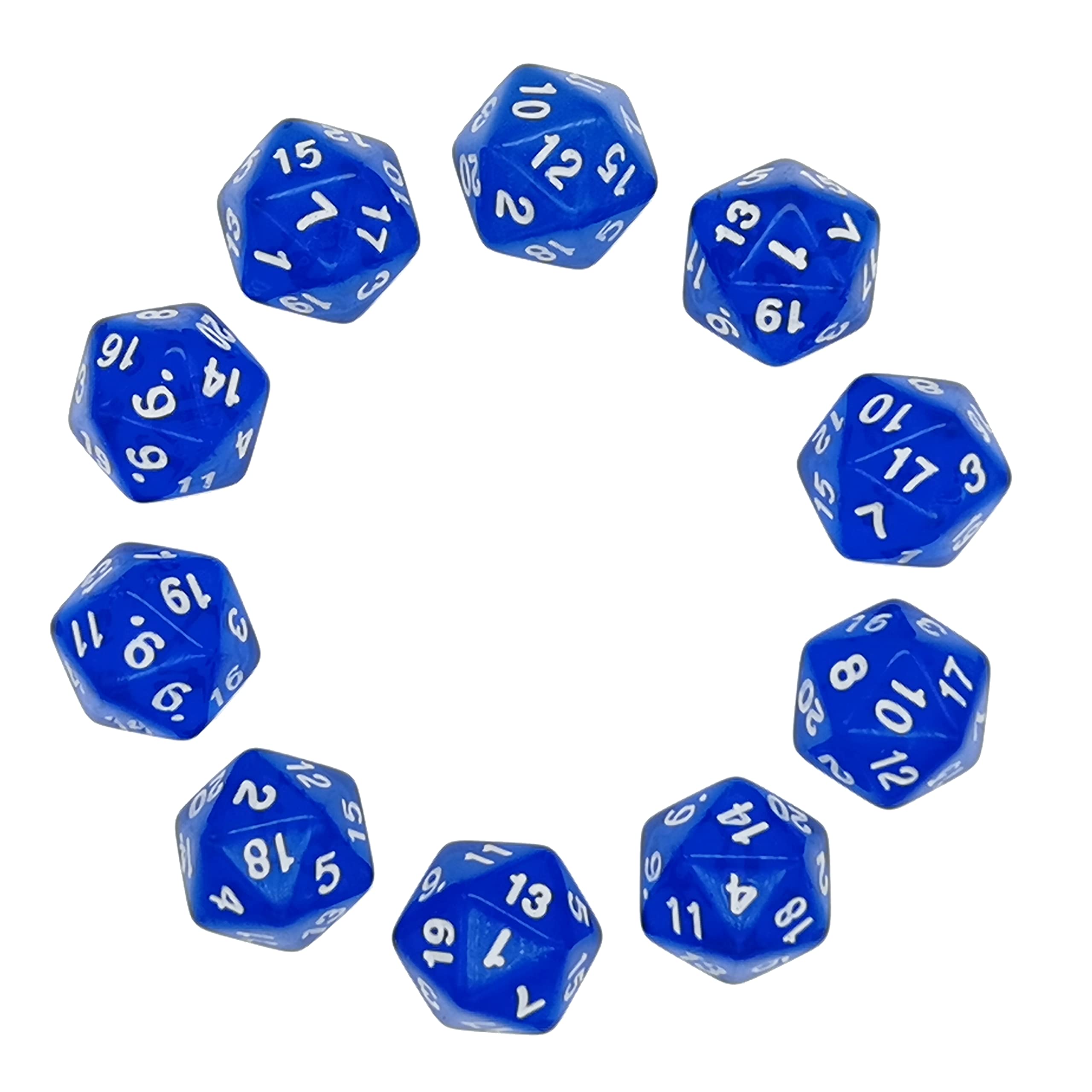 Deolven D20 Dice, 10 Pcs Transparent Blue Polyhedral Dices, 20 Sided Clear Blue Dices for DND MTG RPG Dungeons and Dragons Party