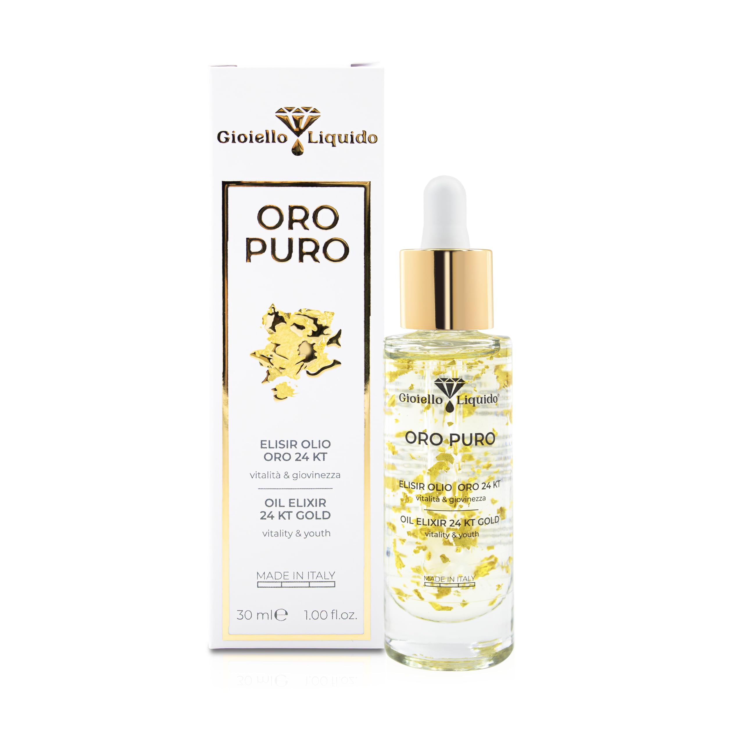 Gioiello Liquido Elixir with 24 Kt Gold Oils - Anti-dark spots Face and Body - 7 Concentrated Oils - Vitamin E - Luminous and Homogeneous Skin, Smoothing, for All Skin Types 30ML