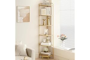 Hzuaneri Corner Shelf Stand, Glass Bookshelf Bookcase, Bathroom Organizer, Plant Stand, Steel Frame, Tempered Glass, Modern Style for Living Room, Bathroom, Kitchen, 6-Tier Golden CS90600G