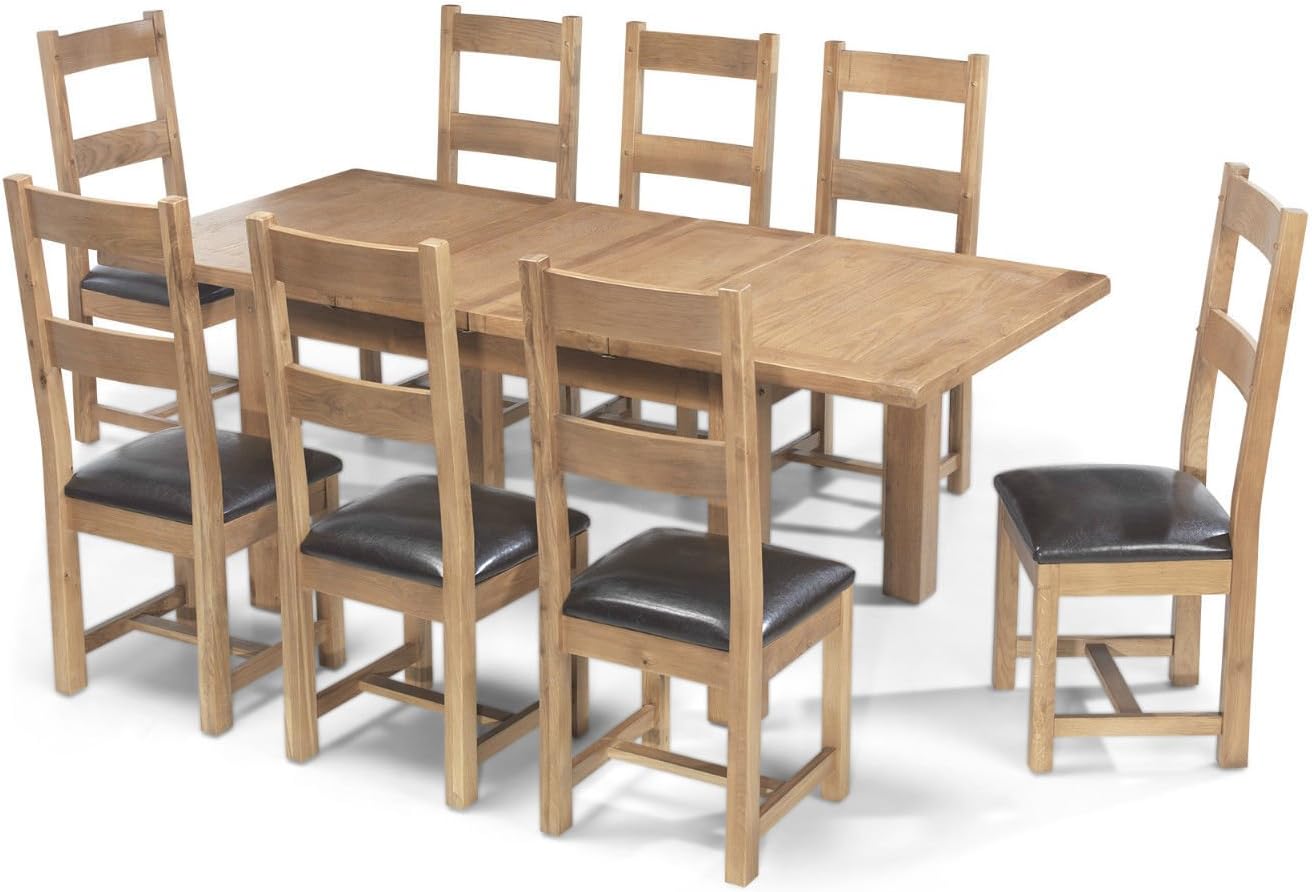AYLESBURY Solid Wood Rustic Oak Large Extending Dining Table 8 Chairs, Natural Oak, H 77 x W 132 x D 90 cm