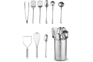 FineDine Stainless-Steel Kitchen Utensil Set - 10-piece premium Nonstick & Heat Resistant Gadgets, Turner, Spaghetti Server, Ladle, Serving Spoons, Whisk, Tongs, Potato Masher & Utensil Holder