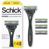 Schick Hydro Ultra Sensitive 3-Blade Razors for Men, 1 Handle &amp; 4 Refills | 3-blade mens razors for shaving, Moisturizing Hydro Gel, Protective guards for sensitive skin, For ingrown hair prevention