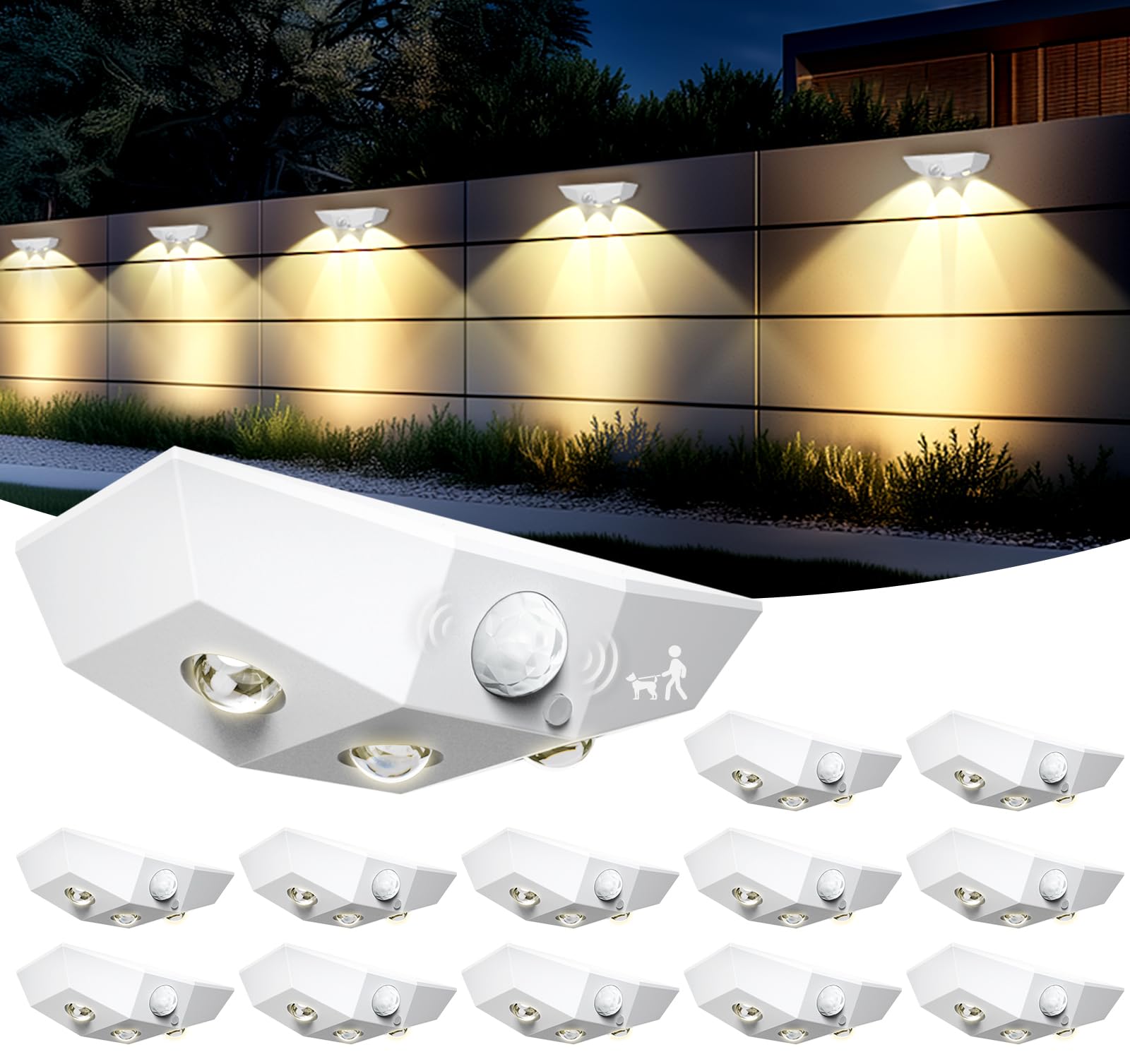 Photo 1 of ***MISSING PIECES*** 10 Pack Solar Fence Lights, Motion Sensor Outdoor Light with 3 Sided Lighting, 60 Lumens Fence Light Solar Powered, Solar Lights Outdoor Waterproof with 3000K/7000K Mode for Patio, Backyard, Fence