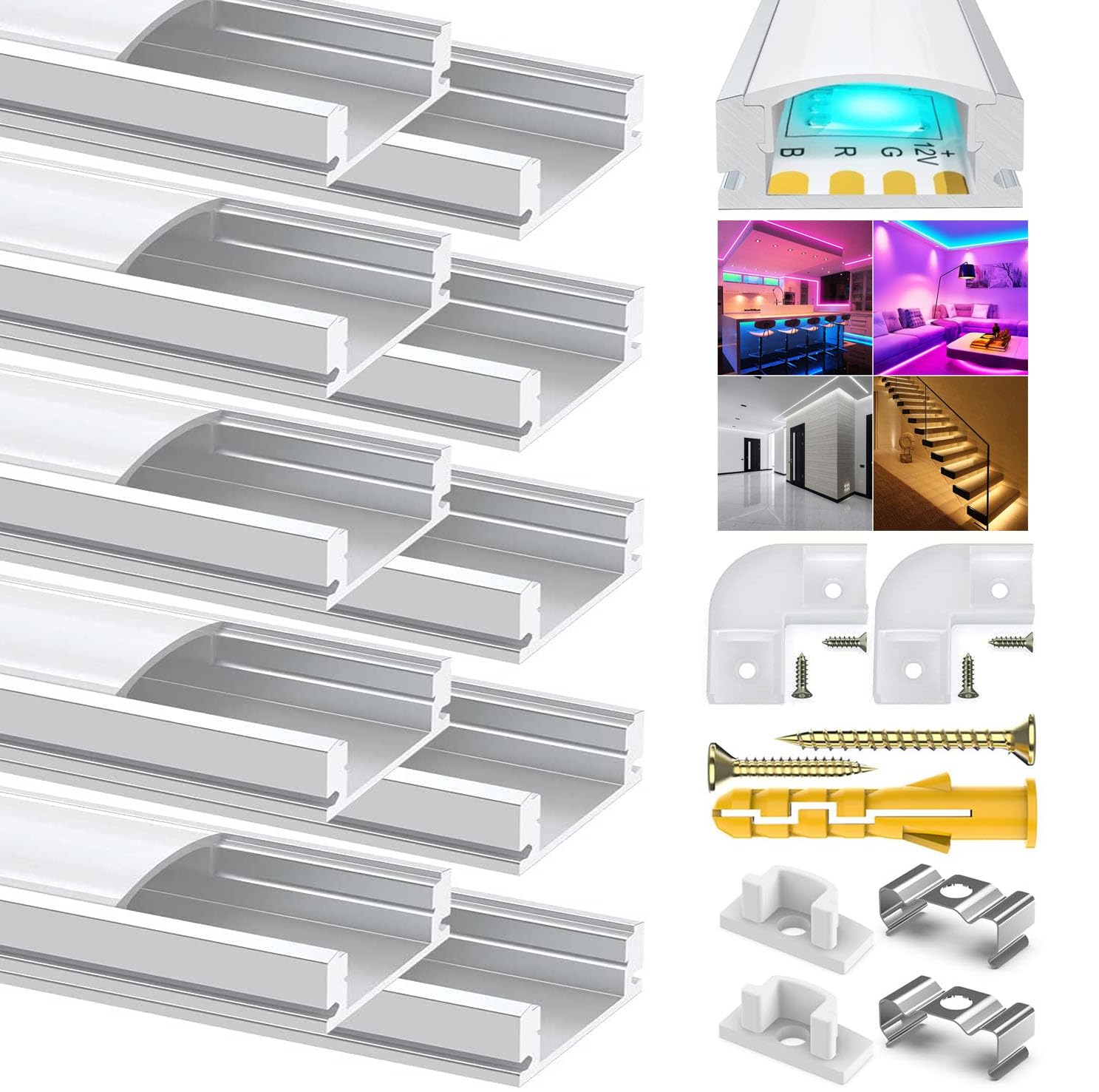 Chesbung U Shape Led Aluminum Channel, 10 Pack 1Meter/3.3ft Aluminum Profile with Milky White Cover, LED Channels and Diffusers with End Caps, Mounting Clips, Corner Connectors for LED Strip Light