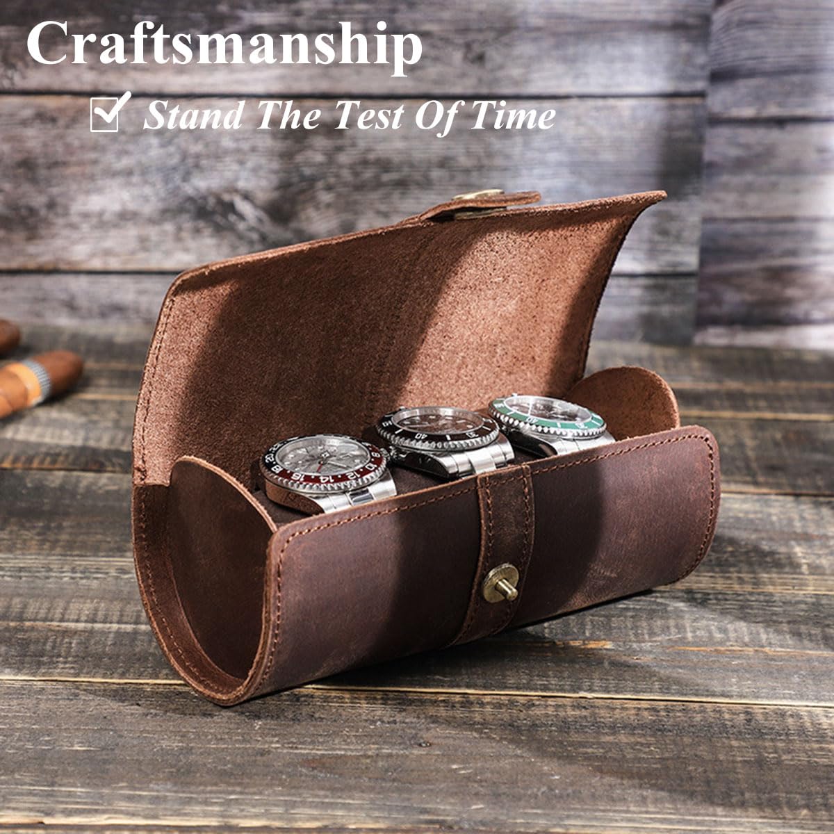 Acidea Genuine Leather Watch Roll Case - Travel Case for 3 Watches, Men's Accessories