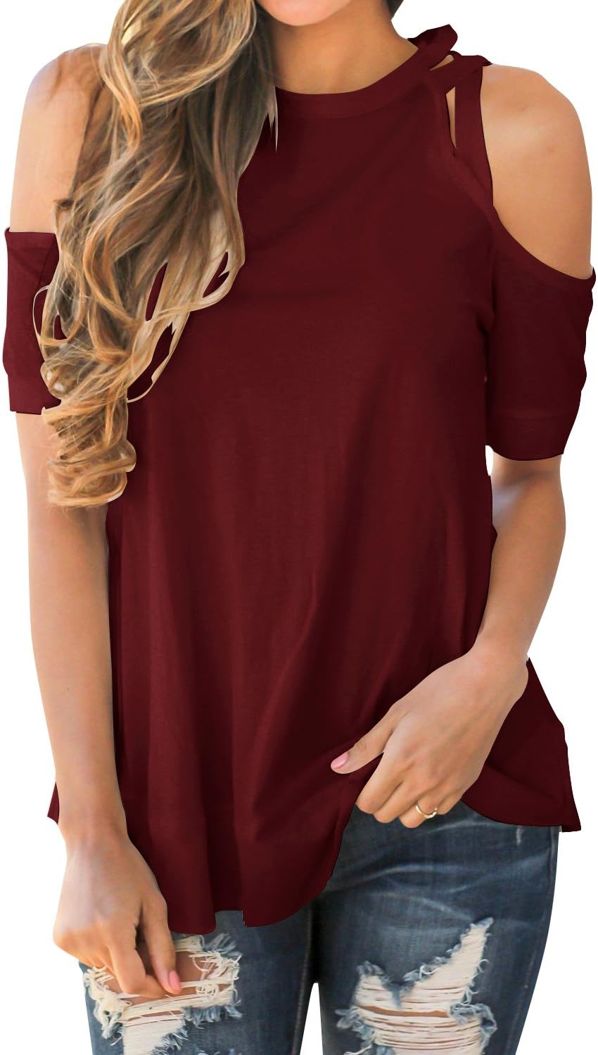 EZBELLE Women's Cold Shoulder Tops Short Sleeve Summer Strappy T-Shirt Tunic Blouse