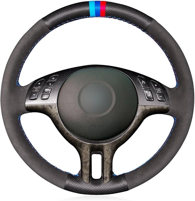 Loncky Black Leather Suede Custom Steering Wheel Cover for