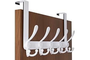 SKOLOO Over The Door Hook - for Doors up to 1-3/4'' Thickness, Metal Door Hanger with 5 Triple Hooks, Over The Door Hanger for Coats, Hats,Towels, White, Assembly Required