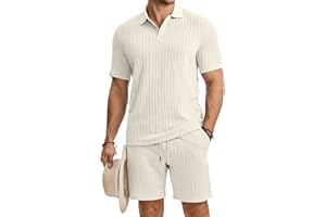 JMIERR Men 2 Piece Outfit Short Sleeve Polo Shirt Casual Textured Shorts Beach Classic Business Sets