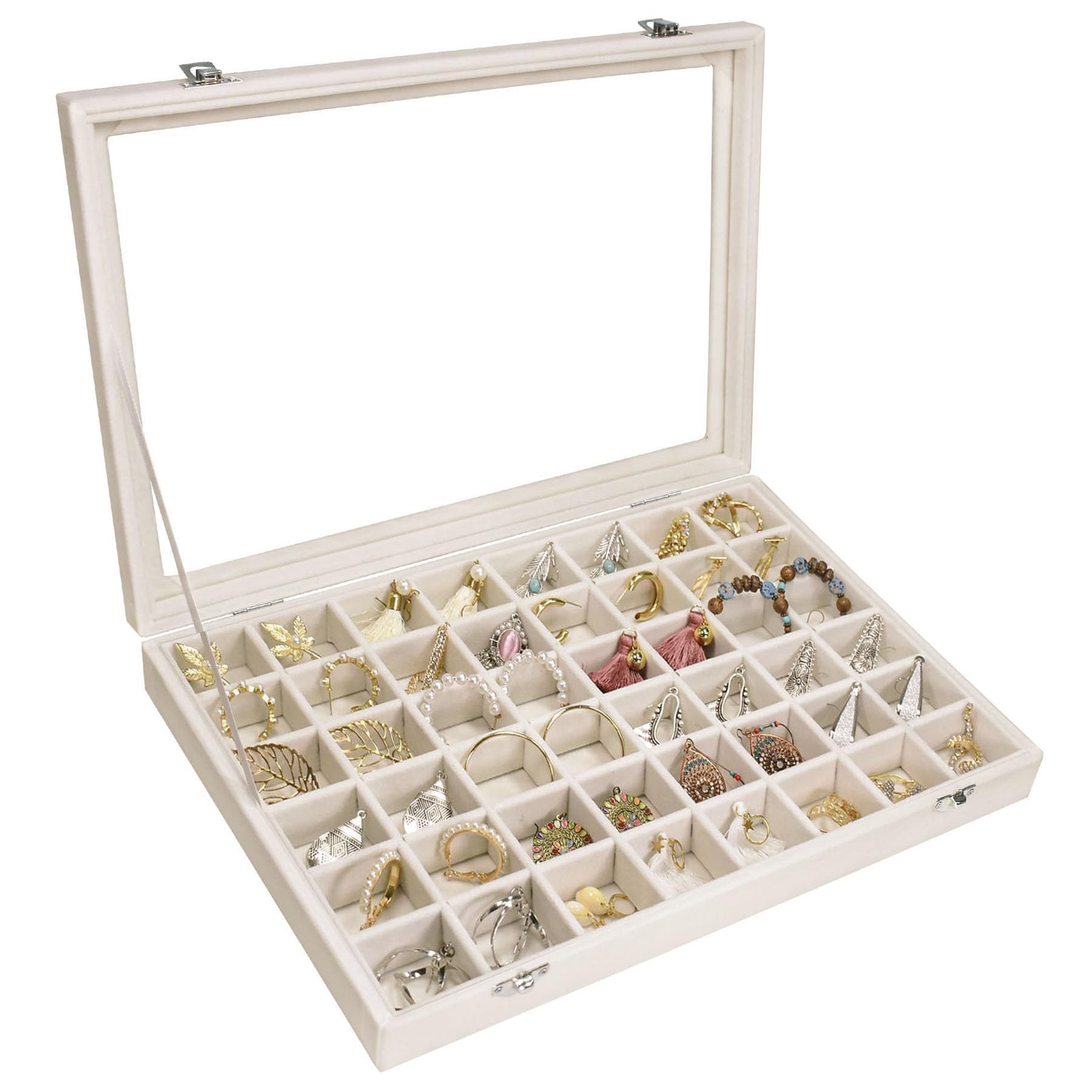 Photo 1 of Siveit Velvet Jewelry Tray 48 Grid Jewelry Display Tray Organizer Box with Transparent Lid Rings Earrings Necklaces Pendants Display Box Suitable for Women and Girls (Beige)